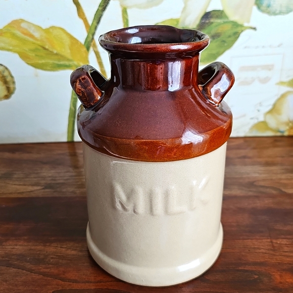Unique Vintage Ceramic Milk Jug Crock w/ Handles 7" x 5" Glazed Ceramic Can - Picture 12 of 13